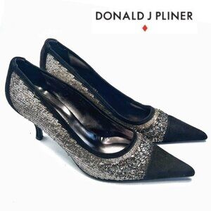 Donald J Pliner Risa Black Suede & Pewter Chain Mesh Pumps Sz 8.5